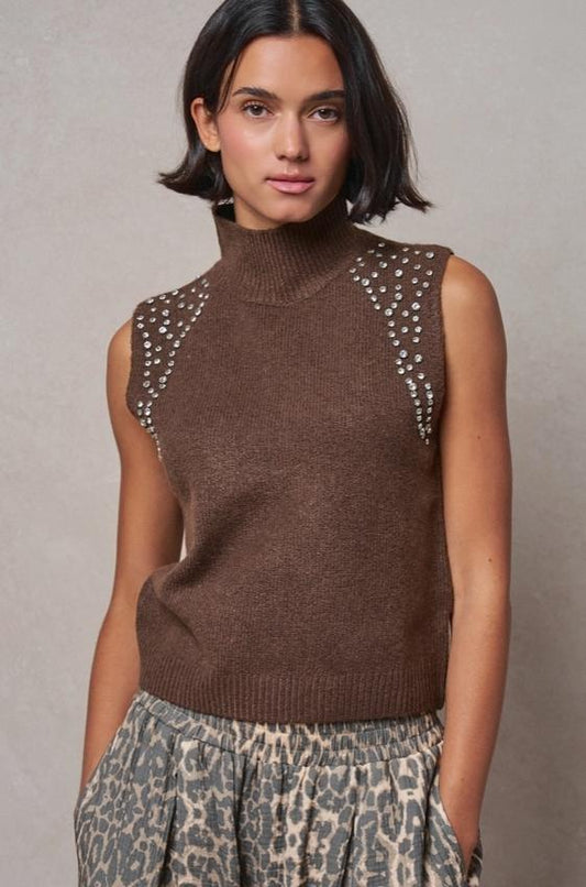 Crystal Embellished Sleeveless Mock Neck Knit Top (Mocha)