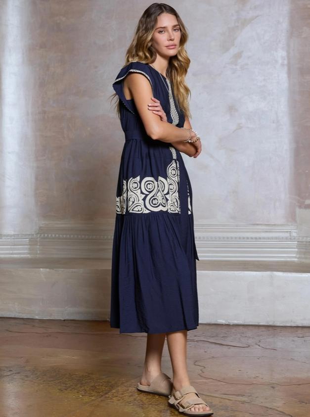 Boho Embroidery Cap Sleeve Midi Dress (Navy)