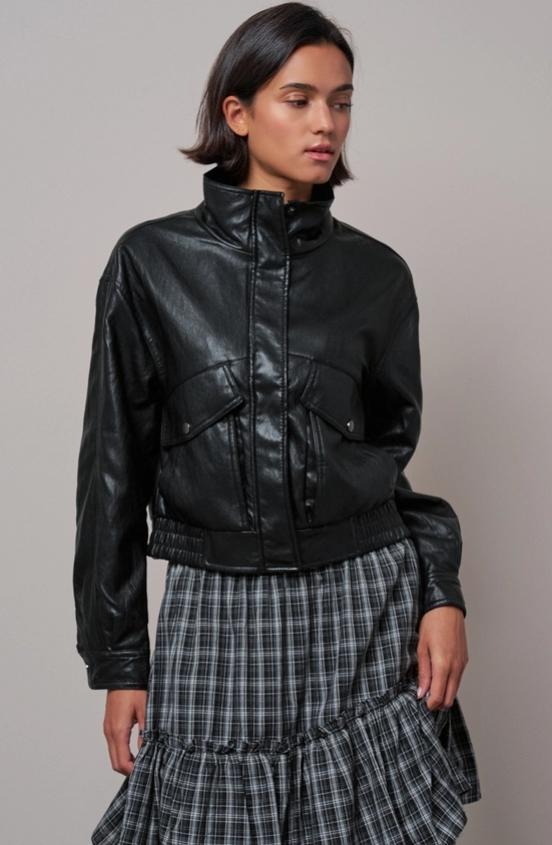 Faux Leather Bomber Jacket with Cargo Pockets (Black)