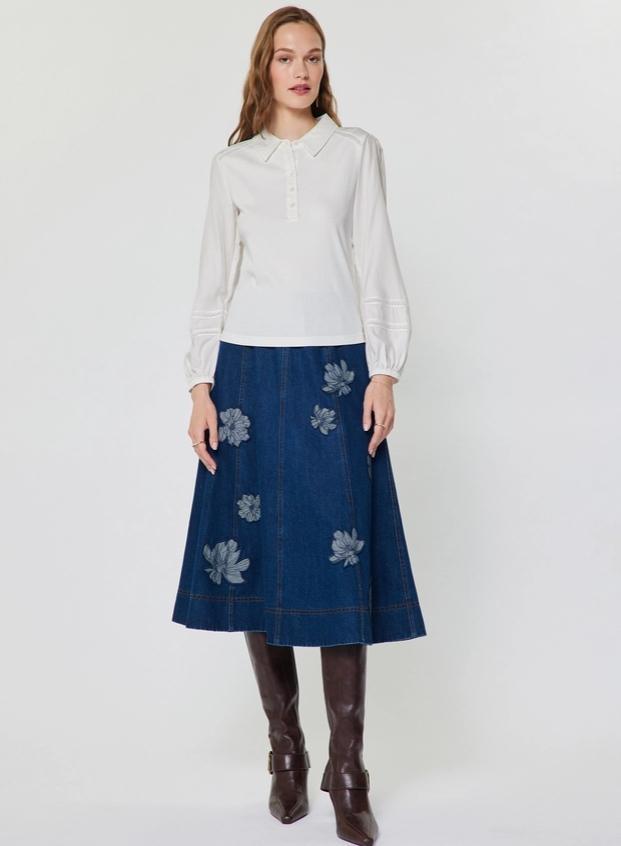 Floral Embroidery Patch Denim Midi Skirt (Denim)