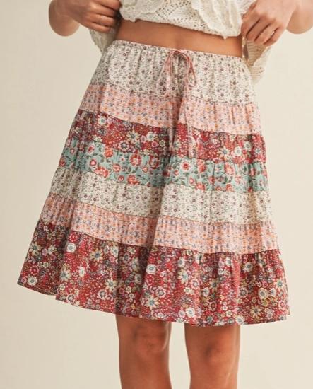 Patchwork Floral Tiered Drawstring Skirt