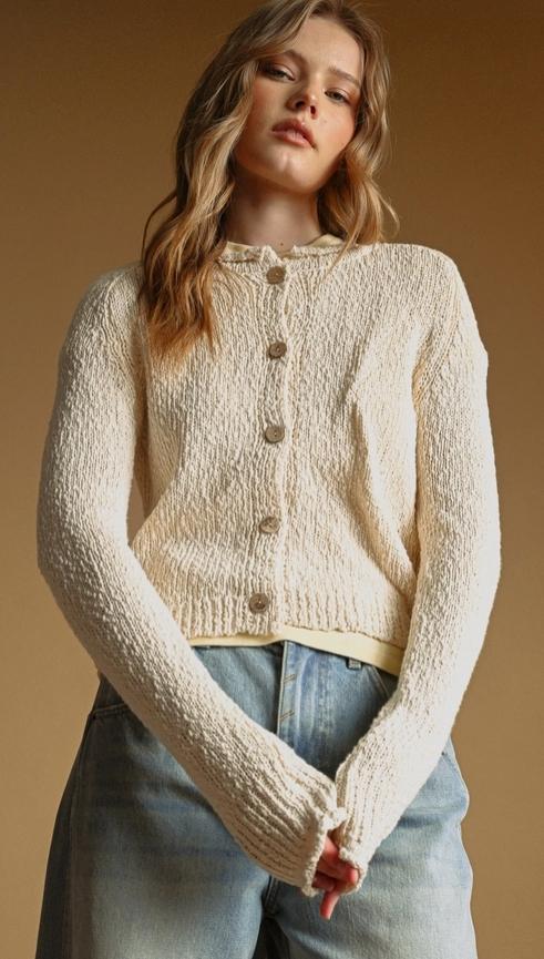 Button Front Sweater Knit Cardigan (Beige)