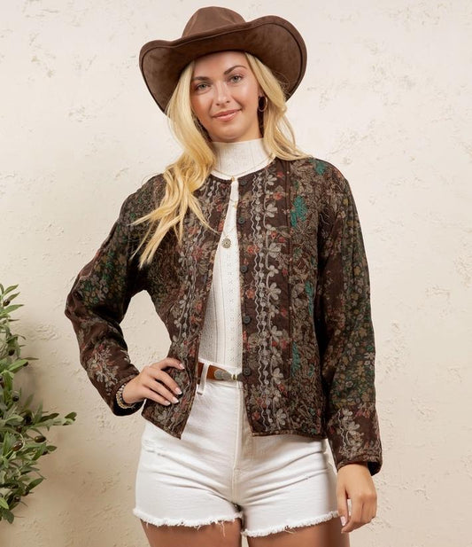 Vintage Floral Quilted Tapestry Pattern Long Sleeve Jacket