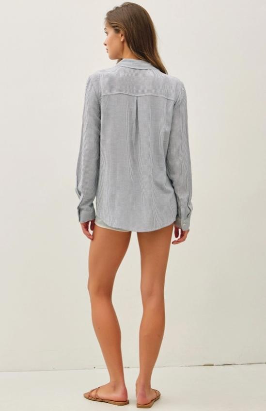 Linen Blended Stripe Boxy Shirt (Denim)