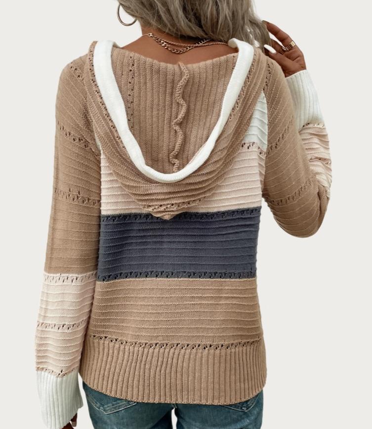 Chic Multicolor Long Sleeve Hooded Pieced Knit Sweater