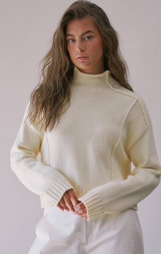 Mock Neck Cotton Blend Seam Sweater (Oatmeal)