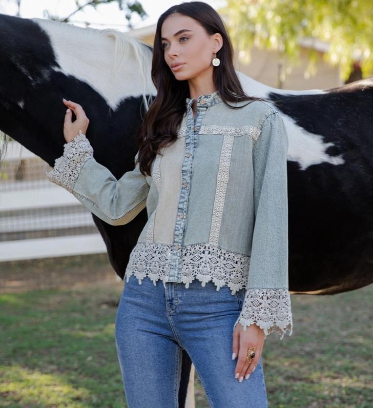 Boho Western Lace Trim Denim Button-Down Front Top (Latte)