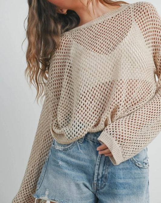 Long Sleeve See Through Top (Taupe)