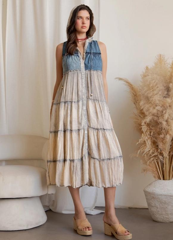 Boho Sleeveless Maxi Button-Front Duster with Hood (Latte)