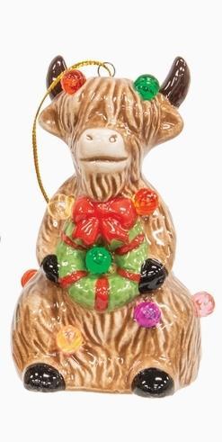 Ceramic Light Up Merry Highland Ornament 3 Assorted