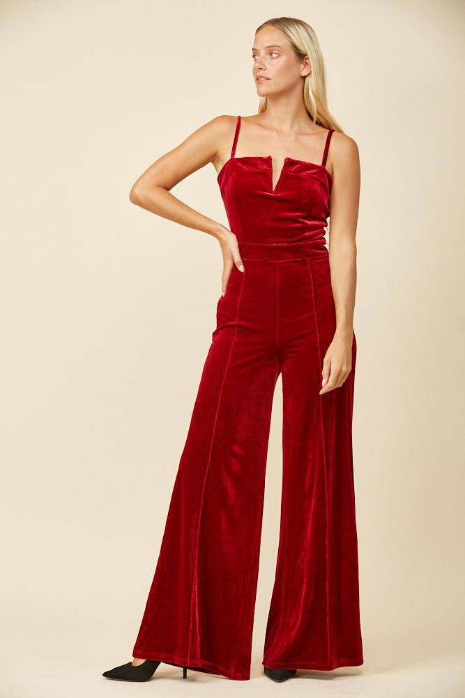 Structured V-Trim Velvet Jumpsuit (Wine)