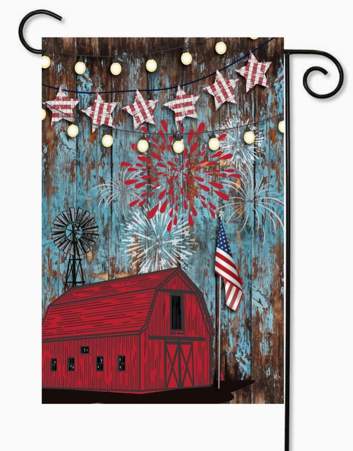 Red Barn with Fireworks Flag