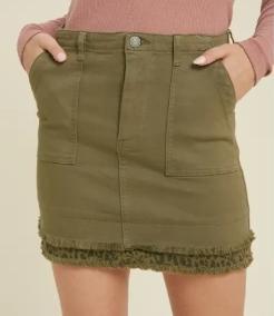 Denim Skirt with Leopard Raw Edge Detail (Olive)