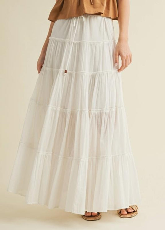 Drawstring Detail Tiered Maxi Skirt (Off White)
