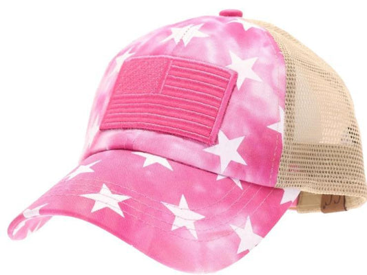 Tie Dye Star Print with USA Flag Patch Criss Cross High Pony Ball Cap