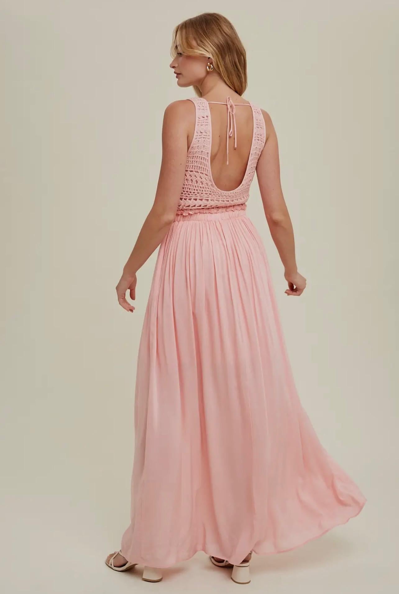 Crochet Lace Detail Maxi Dress with Side Pockets (Pink)