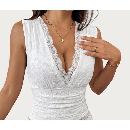 Catch Up Soft Floral Lace Sheer Sleeveless Bodysuit (White)