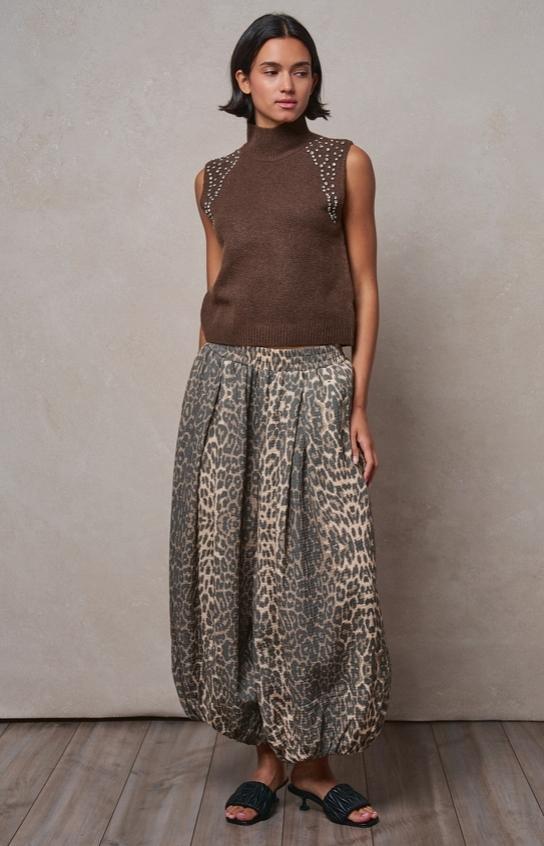 Crystal Embellished Sleeveless Mock Neck Knit Top (Mocha)