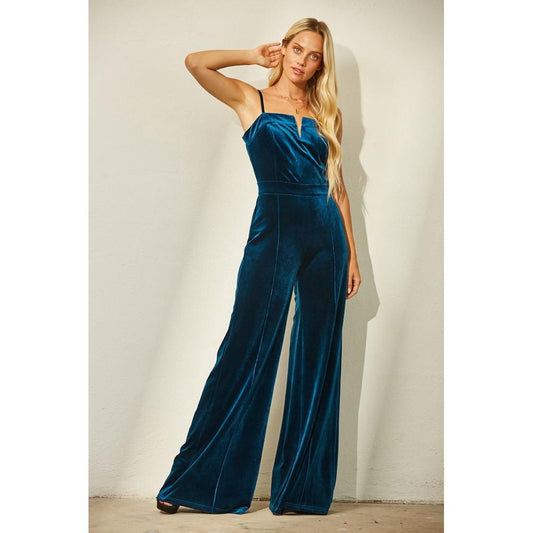 Structured V-Trim Velvet Jumpsuit (Teal)