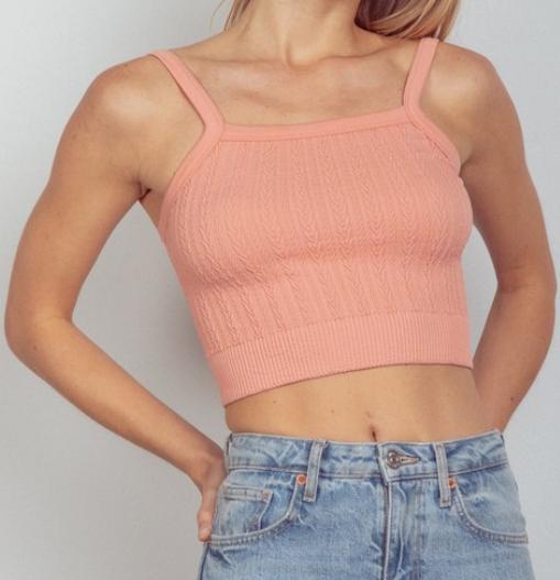 Cable Ribbed Fitted Crop Tank Top (Blush)