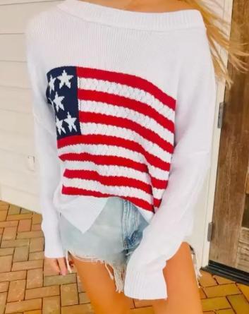 Rippled Knit Flag Sweater (White)