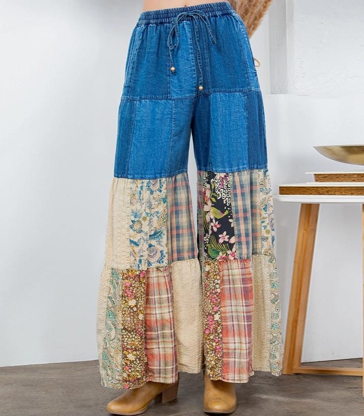 Boho Tiered Patchwork Denim & Lace Wide-Leg Pants (Denim)