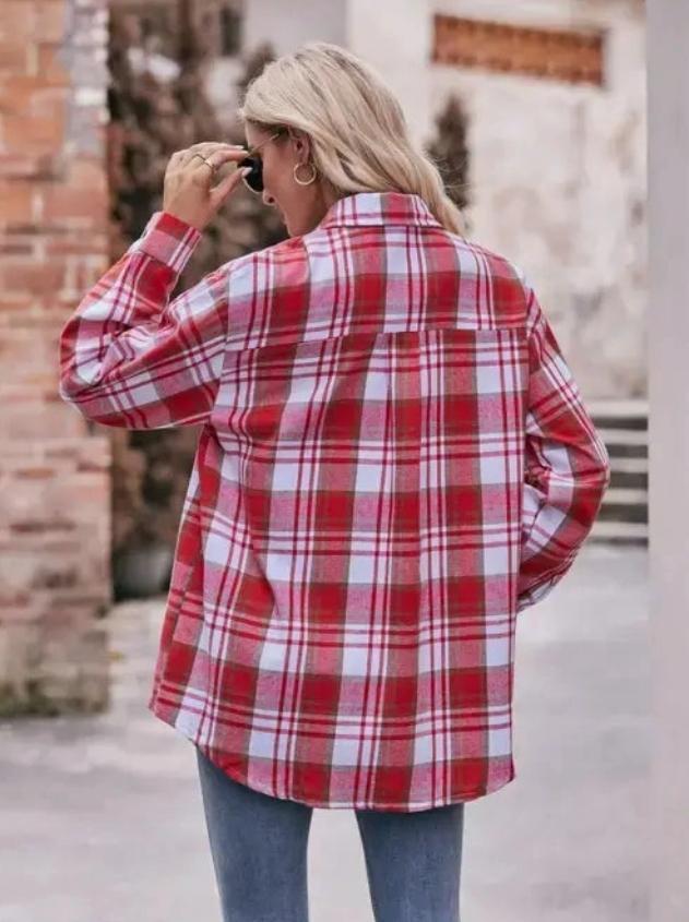 Women’s Plaid Oversized Flannel Button Down Shirt (Red)