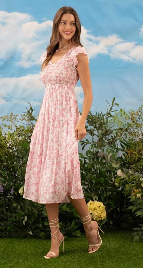 Floral V Neck Smocked Short Sleeve Midi Dress (Pink Multi)