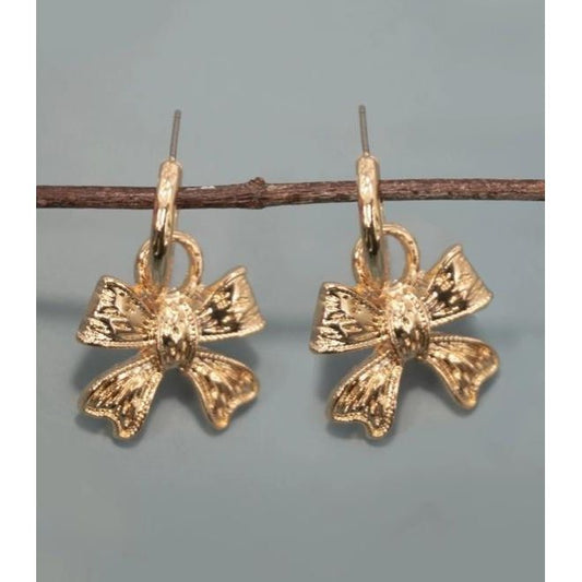 Textured Bow Drop Huggie Hoop Earrings