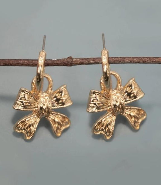 Textured Bow Drop Huggie Hoop Earrings