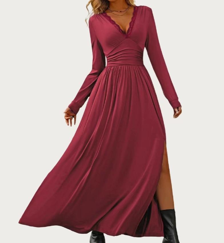 Solid Soft Stretchy Plunging Neck Long Sleeve Maxi Dress (Dark Red)