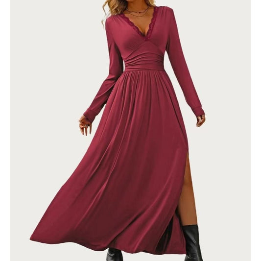 Solid Soft Stretchy Plunging Neck Long Sleeve Maxi Dress (Dark Red)