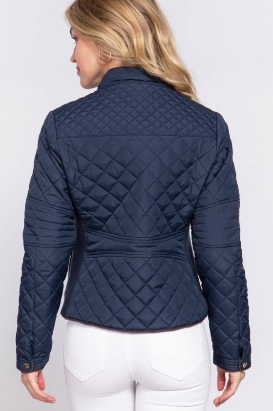 Suede Piping Detail West Virginia Rib Quilted Padding Jacket (Navy)