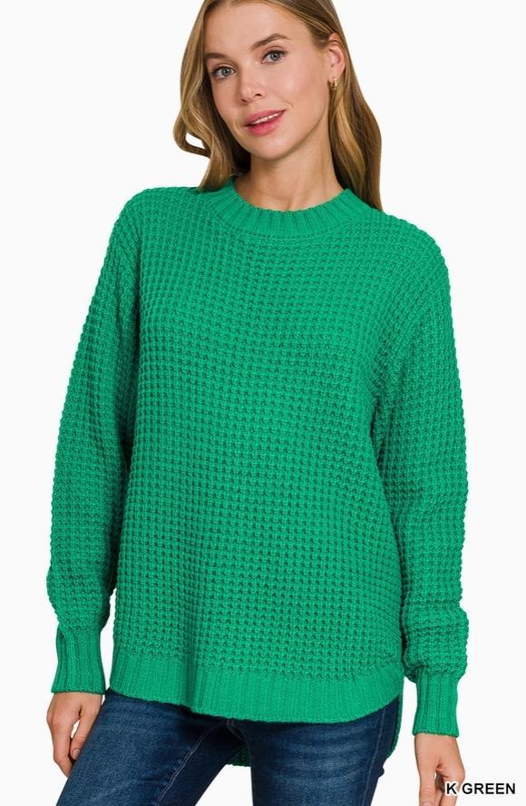 Hi-Low Long Sleeve Round Neck Waffle Sweater