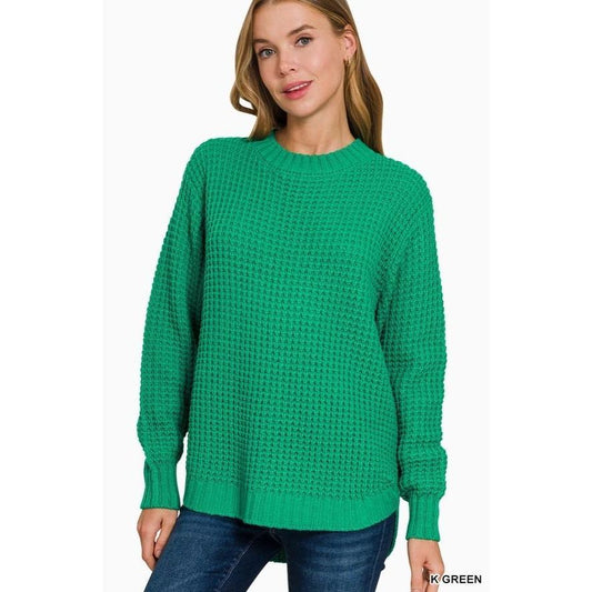 Hi-Low Long Sleeve Round Neck Waffle Sweater