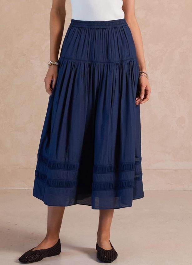 Tiered A-Line Midi Skirt (Navy)