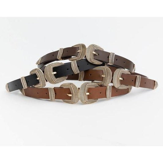 Double Buckle Faux Leather Western Style Belt