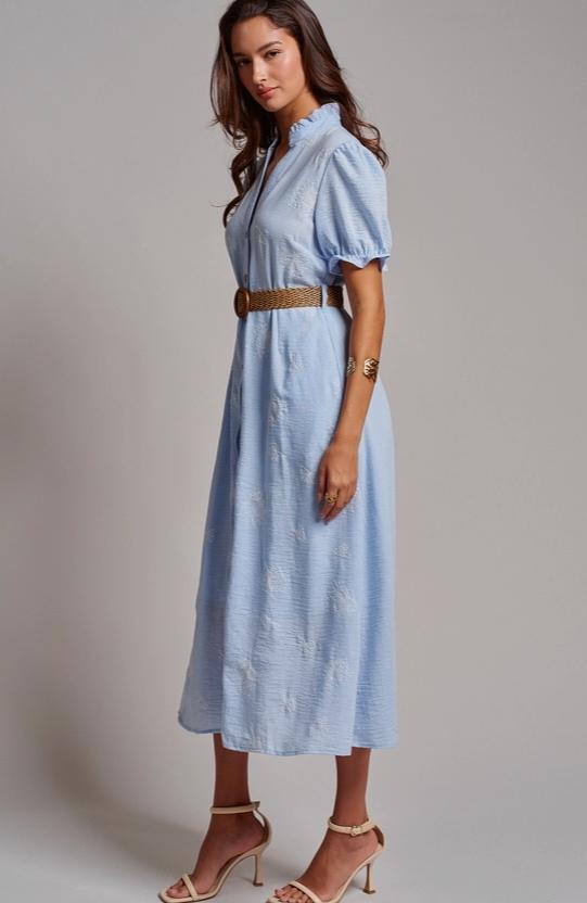Embroidered Linen Blend Button Front Midi Dress (Blue)