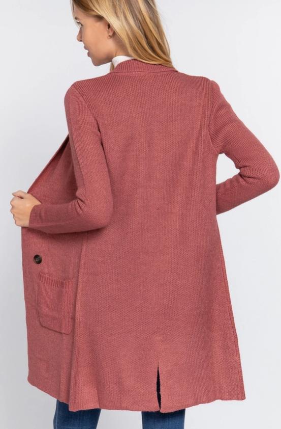 Long Sleeve Notched Collar Sweater Jacket (Strawberry Pink)