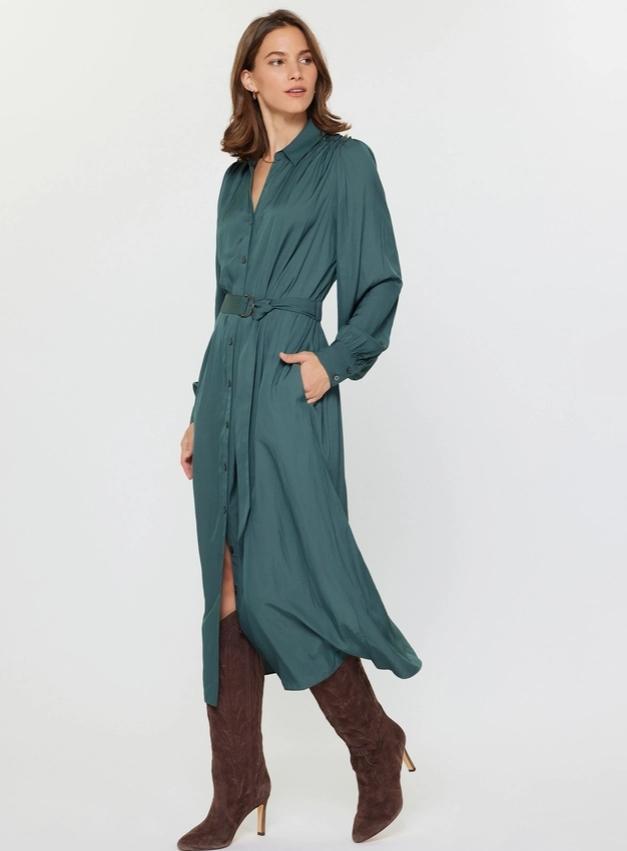 Button Down Midi Shirt Dress (Forest Green)