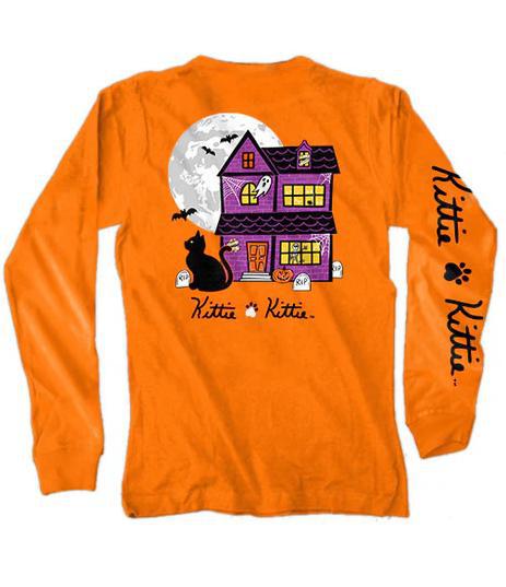 Kittie Kittie Haunted House Long Sleeve Tee (Orange)