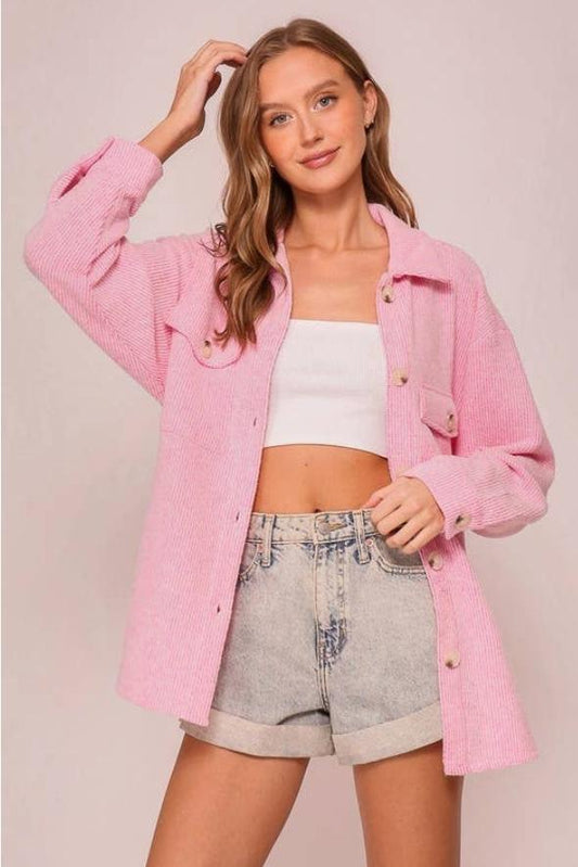 Plus Size Long Sleeve Button Down Brushed Waffle Shacket (Pink)