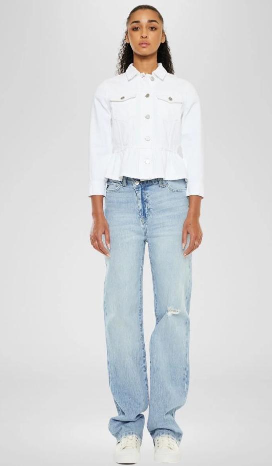 Marilou Peplum Denim Jacket – Button Down Flare Fit (White)