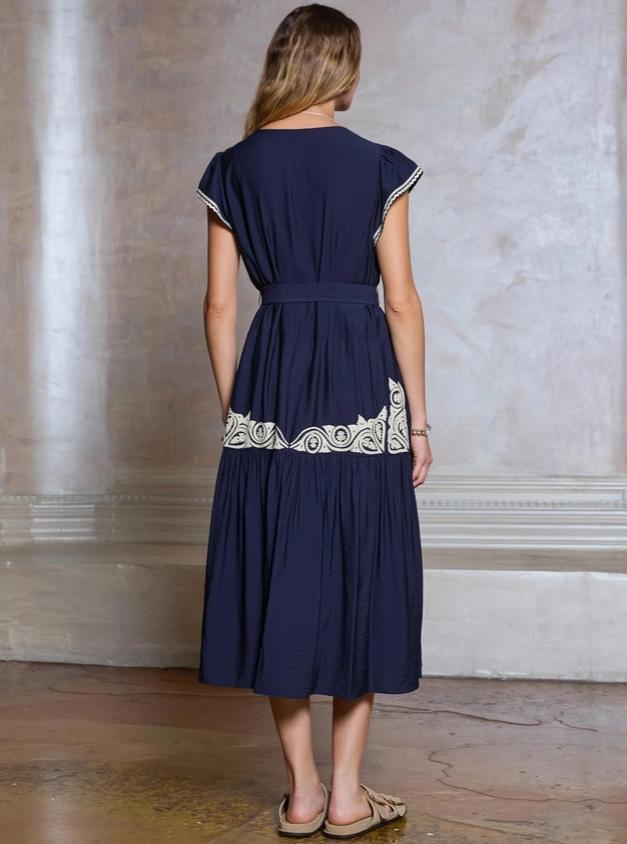 Boho Embroidery Cap Sleeve Midi Dress (Navy)