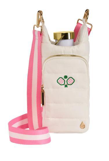 White HydroBag with Pickleball Embroidery and Striped Strap