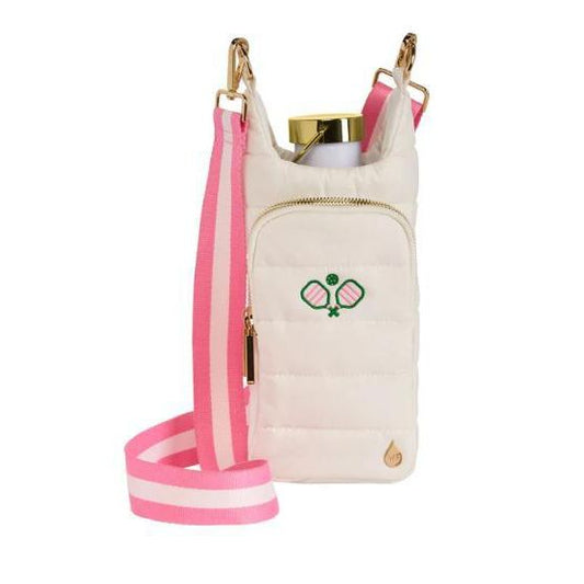White HydroBag with Pickleball Embroidery and Striped Strap