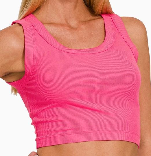 Ribbed Scoop Neck Cropped Tank Top (Fuchsia)