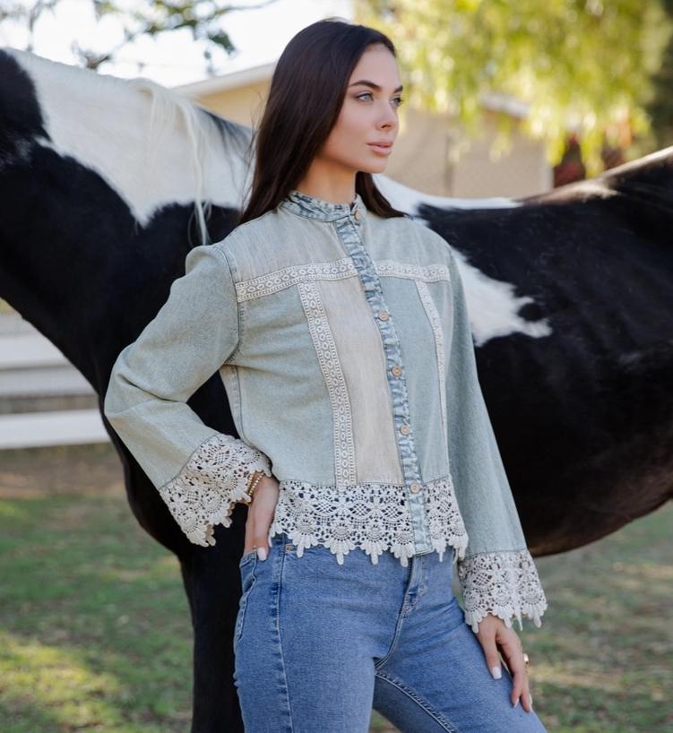Boho Western Lace Trim Denim Button-Down Front Top (Latte)