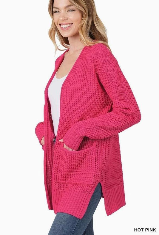 Low Gauge Waffle Open Cardigan Sweater (Hot Pink)