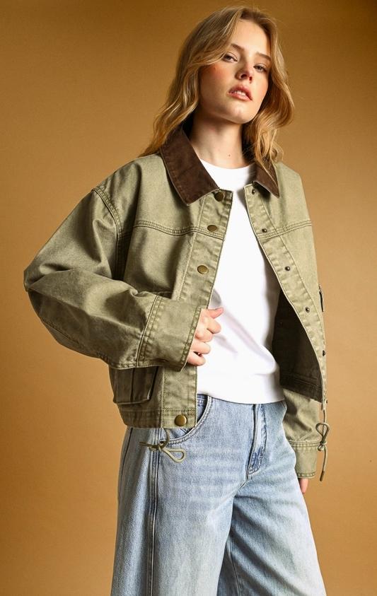 Collar Contrasted Utility Jacket (Olive)